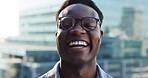 Laugh, professional and face of black man in city with confidence for corporate finance career. Happy, glasses and portrait of African male financial manager with pride for accounting in urban town.