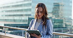 Tablet, research and business woman in city for reading, property listing and realtor valuation. Zoning records, real estate development and building permit with person outdoor for urban planner