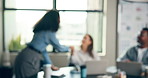 Blur, business people and woman shaking hands for welcome, greeting and hello for meeting. Boardroom, clients and manager with handshake for discussion, b2b deal and partnership for digital agency