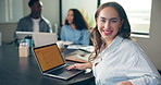 Smile, laptop and face of businesswoman in office for meeting with creative project with team. Happy, computer and portrait of magazine editor with article for online publishing with collaboration.