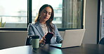 Laptop, phone and typing with business woman in boardroom of office for report, research or review. App, coffee and computer with employee at table in workplace for communication or notification