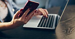 Typing, hands and woman in office with laptop, smartphone or email notification for online article. Digital, connectivity and journalist in overtime with technology, internet or publication feedback 