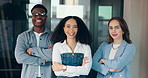Business people, face and confidence in office with arms crossed for creative, teamwork and pride. Professional portrait, laughing and management with smile at workplace for group partnership