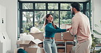 Love, dancing and couple in new home, celebration or excited for loan approval, homeowners and bond. Happy, man and affection for woman in house, relocation and moving in with boxes, bonding and care