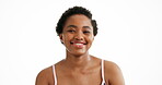 Happy, black woman and face for skincare in studio with beauty, smooth skin and natural glow. Portrait, person and mockup space with afro, facial cosmetics and dermatology shine on white background