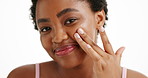 Beauty, face and smile of black woman in studio for cosmetics or dermatology results. Aesthetic, facial and skincare with happy African model isolated on white background for antiaging benefits