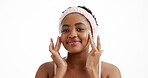 Face, black woman in studio with facial cream, beauty or skin care for morning routine. Happy, treatment and African person on white background with moisturizer, cosmetics and mockup for daily ritual