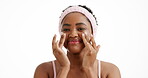Face, black woman in studio with facial lotion, beauty or skin care for morning routine. Happy, treatment and African person on white background with cream, cosmetics and mockup for daily ritual