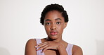Beauty, dermatology and face of black woman in on studio space for collagen or vitamin c results. Aesthetic, cosmetics and skincare with natural African model on white background for cosmetology