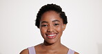 Happy, black woman and face with beauty in studio for skincare, smooth skin and natural makeup. Portrait, person and mockup space with afro, facial cosmetics and dermatology shine on white background
