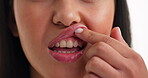 Mouth, woman and check teeth in studio for dental hygiene, whitening and veneers results. Hands, person and oral health of fresh breath, braces transformation and grooming routine on white background