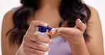 Woman, hands and skincare with cream in studio for moisturizer on a white background. Closeup, female person or model with lotion, cosmetic product or retinol for beauty, texture or skin hydration