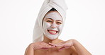 Skincare, happy and woman with face mask in studio with beauty, natural or clean facial routine in morning. Towel, cosmetic and portrait of person with dermatology for hydration by white background.