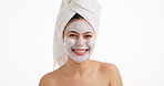 Skincare, face mask and woman in studio with beauty, natural or clean facial routine in morning. Towel, portrait and female person with dermatology treatment for hydration by white background.