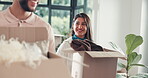 Happy, couple and walking with boxes in new home for mortgage investment, moving in and support. Real estate, people and cardboard package in house for property purchase, start renovation and excited