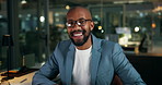 Face, laughing and night with business black man at desk in office for deadline satisfaction. Computer, evening and glasses with funny African employee at work for dedication, planning or research