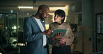 Man, planning and woman with tablet in office, discussion or teamwork for investment pitch at night. Working late, people and collaboration with financial analyst for deadline, pointing and strategy