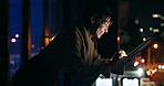 Balcony, night and tablet with business woman in city for design or project management deadline. App, planning and research with mature employee at corporate office for evening report or review