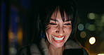 Night, happy and woman on phone with funny video, online communication and laughing at text message. Evening, smile and female person on mobile with internet comedy, social media post and meme