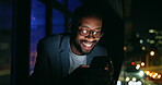 Texting, bokeh and man in city with phone, funny chat or meme reaction on social media. Happy, digital and freelancer at night with mobile, online communication or message update in app notification.