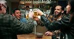 Night, cheers and group with beer in pub, laughing or celebration for reunion, friends and together. Social gathering, people and hangout with drinks in bar, evening and toast on break with alcohol