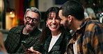 Pub, people and friends laugh with phone for funny meme, social media and comedy online. Mobile, bar and group conversation together to show video on app, internet and share joke on night out