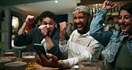 Pub, people and friends celebrate with phone for sports betting, win prize or success. Mobile, bar and group conversation with victory goal, excited and clapping for score on night out with fist pump