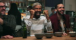 Winner, watching tv and fist pump with people at pub for streaming game, sports score and goal. Team support, fans celebration and applause with friends in bar for live broadcast and match results