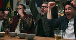 Victory, watching and people in bar with drink, goal and celebration in soccer tournament. Cheering, sport and football fans in pub with beer, score lead and joint excitement in viewing party.