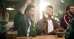 Men, friends and celebration for win at sports bar with flag for Germany, England and global football competition. People, happy and sad with goal, fist pump or stress for lost game in crowd at pub