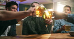 Men, friends and cheers with beer in bar for reunion celebration, appreciation or party event. Happy hour, weekend or people with alcohol toast at pub for social gathering, group milestone or bonding