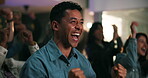 Friends, man and shouting with celebration at pub for match goal, cheering and entertainment. Sports fans, excited people and clapping in bar for soccer tournament, live broadcast and game champions
