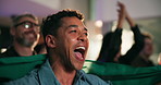 Men, celebration and flag for goal at sports bar with support, cheers and motivation with football game. People, happy and scream for attack, success or excited with global soccer match on tv at pub