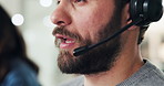 Headset, man and mouth of customer service consultant in office with crm, communication or help desk. Contact us, call center and male technical support agent with online consultation in workplace.