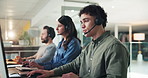 Business people, group and call center with headphones for customer service, online advice or help at office. Agency, coworking and talking or consulting for communication or support at workplace