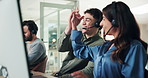 High five, call center and people in office with headset for telemarketing, sales goal and success. Customer service, coworking and workers celebrate for lead generation bonus, target and consulting