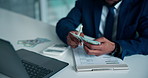 Hands, accounting and money in office with documents, writing and financial report at company. Person, cash and paperwork with clipboard, checklist and review with admin for tax compliance at agency