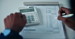 Hands, accounting and calculator in office with writing, paperwork and income statement at company. Person, money and notes with report, checklist and review with admin for tax compliance at agency