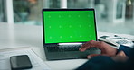 Hands, laptop and business person with green screen for accounting, budget or space for review. Computer, display and accountant in office for financial report, bookkeeping and investment audit
