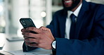 Cellphone, hands and businessman in office with networking, communication or email on mobile app. Technology, notification and male corporate employee with phone for online contact in workplace.