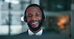 Laptop, headset and video call with business black man in office for insurance consultant, advisor and support. Online meeting, claims agent and virtual broker with person in agency for bokeh