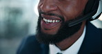Call center, lips and business man talk for help, customer service and assistance with crm. Mouth, headset and happy African consultant speaking for support, inbound feedback or contact us for advice