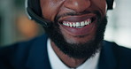 Call center, lips and happy business man with help, customer service and laughing. Mouth, headset and African consultant with smile for inbound support, funny and contact us for advice with face