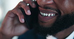 Hand, mouth and phone call with business black man in office for feedback, report or update. Communication, conversation and planning with African employee speaking on mobile for project management