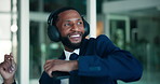 Office, energetic dance and businessman with headphones, streaming music or listening for work motivation. Happy attitude, audio playlist or African person with phone for break, digital song or smile