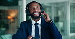 Headphones, dancing and businessman in office with playlist, album or music on phone with networking. Audio tech, cellphone and African corporate employee listening to song on mobile app in workplace