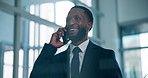 Phone call, smile and thinking with business black man in office for feedback, report or review. Communication, conversation and update with happy African employee in corporate workplace for planning
