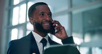 Phone call, tablet and thinking with business black man in office for feedback, report or review. App, communication and smile of happy African employee in corporate workplace for planning or update