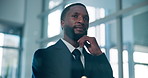Thinking, professional and black man in office with solution, choice or decision for finance career. Problem solving, business and African financial manager with ideas or brainstorming in workplace.