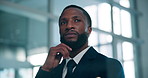 Thinking, business and black man in office with ideas, choice or decision for finance career. Problem solving, professional and African financial manager with solution or brainstorming in workplace.